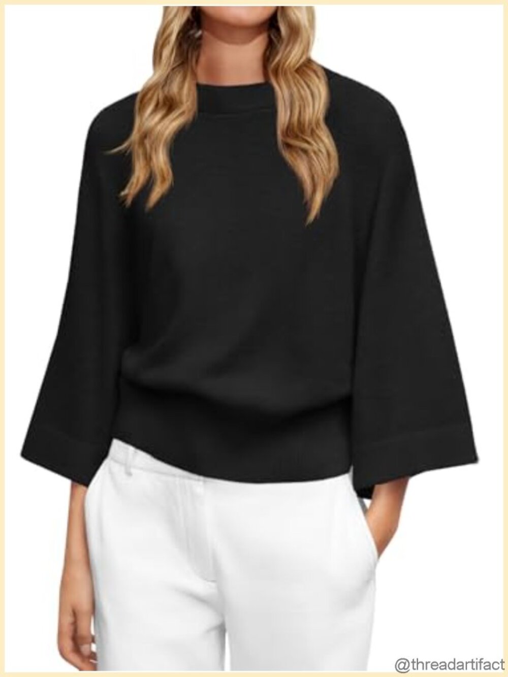 Womens Batwing Sweater 3/4 Sleeve Crew Neck Soft Knit Loose Fit Fall Top